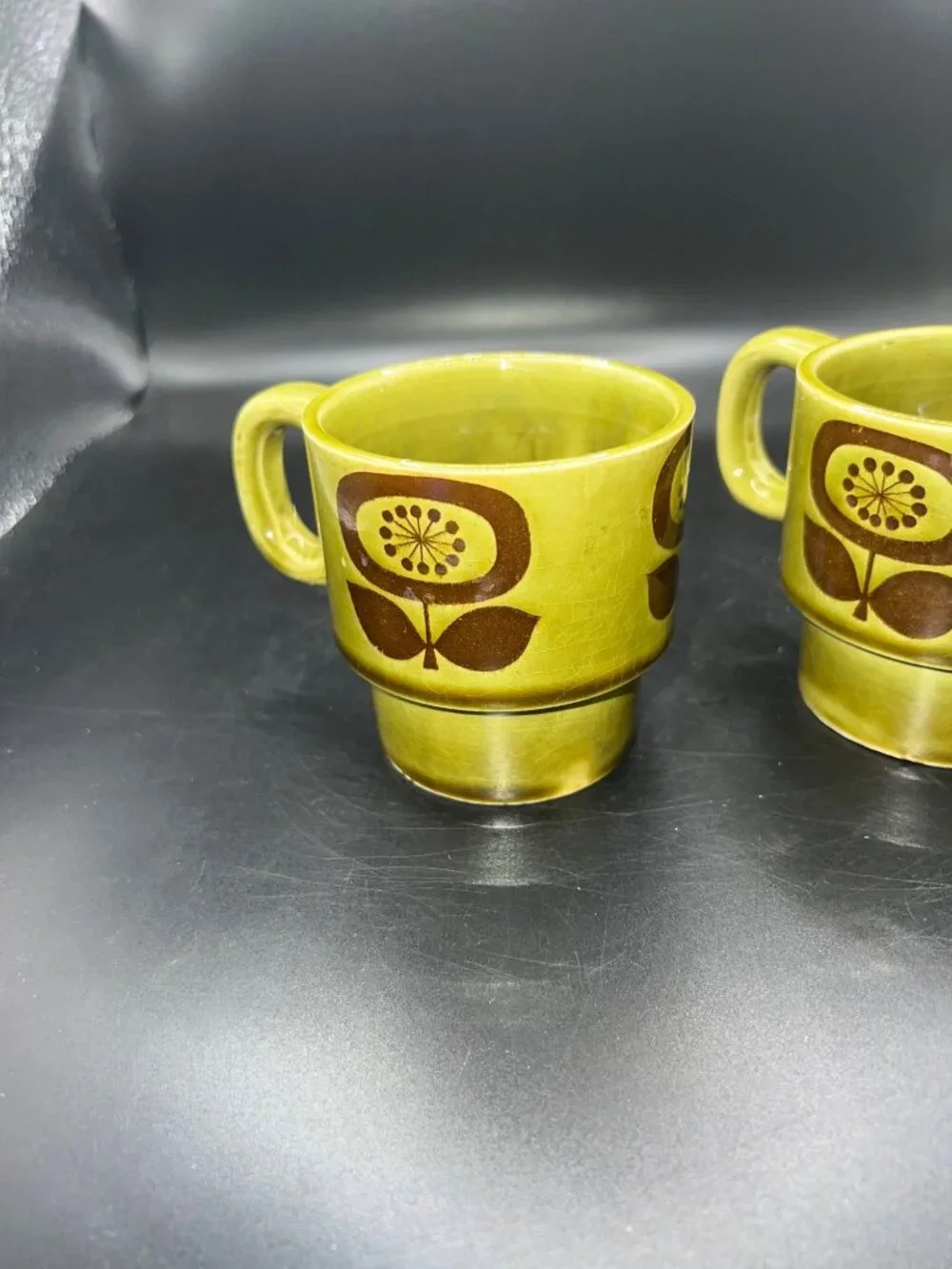 Set Of 2 Vintage Avocado Green Ceramic Stackable Mugs Floral Japan Mid Century